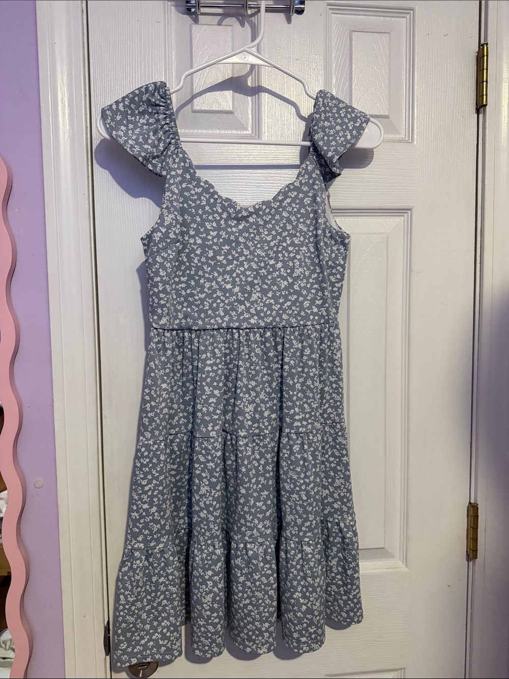 Monteau Light Blue Floral Ruffle Sleeve Dress